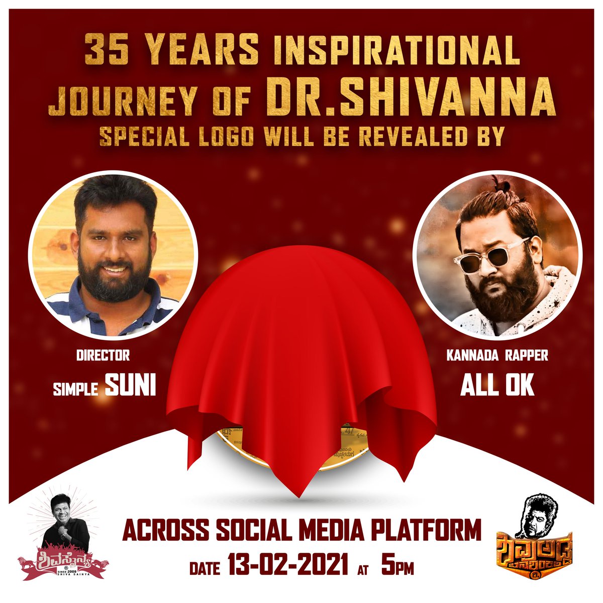 ShivaSainya's tweet image. 35 Years Inspirational Journey Of Dr Shivanna Special Logo Will Be Revealed By @SimpleSuni sir And @allok02 brother. Date - 13-02-2021 Time - 5pm.

#DrShivarajkumar #Spl #Shivanna35YrsInKFI #Bhajarangi2 #ShivaSainya 

@NimmaShivanna ❤ @ShivaSainya @ShivuAddaBanas1