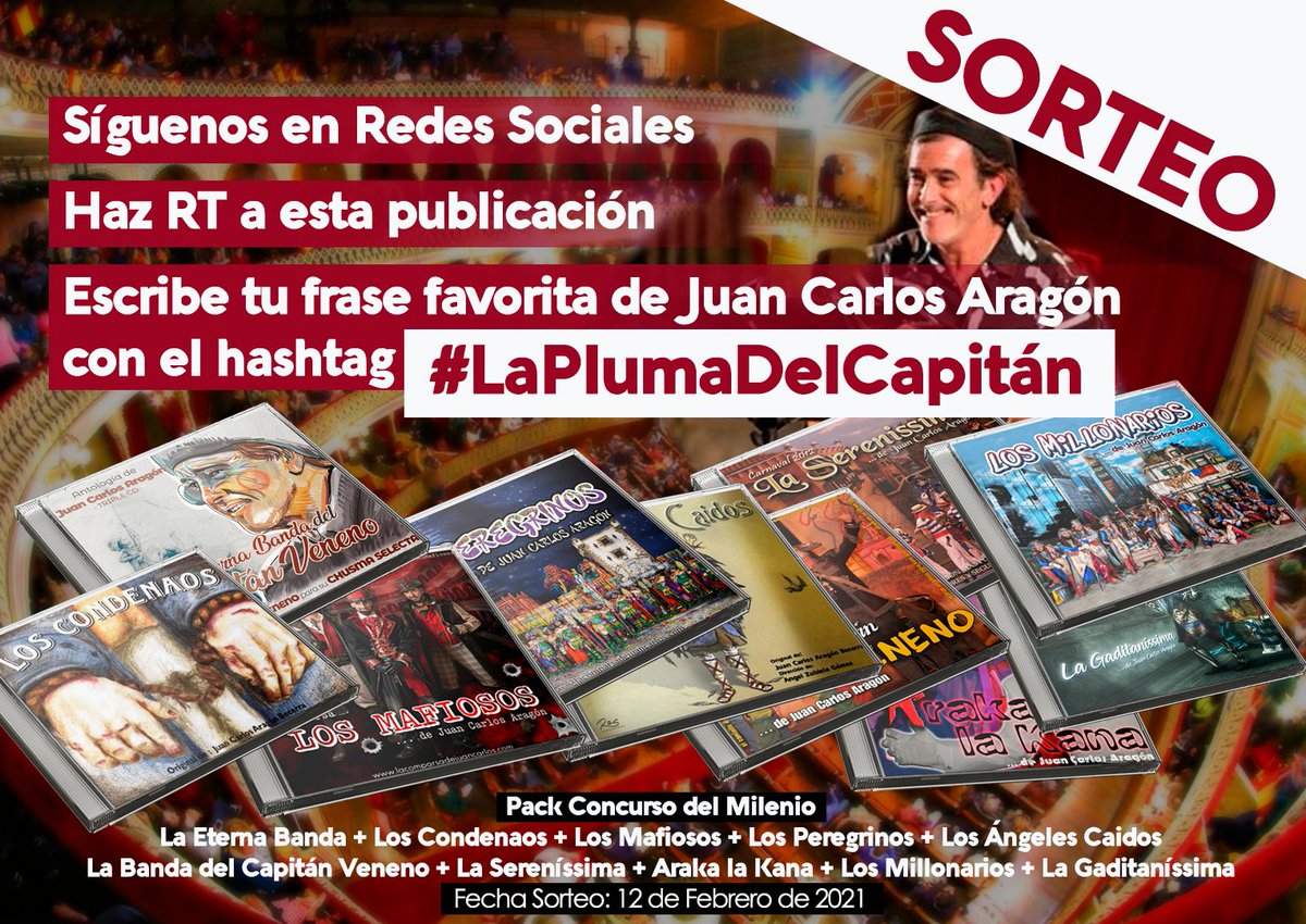 ⚠️Último día para participar !¡
➡️Síguenos
➡️Haz RT
➡️Escribe tu frase favorita de <a href="/CAPITANVENEN0/">JUAN CARLOS ARAGÓN</a> con el Hashtag #LaPlumaDelCapitán 

📣Sorteamos Pack con las 9⃣ Comparsas que participan en #ElConcursoDelMilenio de <a href="/CanalSurRadio/">Canal Sur Radio</a> <a href="/RAInformacion/">Radio Andalucía Información</a> ➕💿#LaEternaBanda
