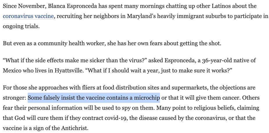 And now here are cases of people in Latino communities invoking this false conspiracy theory as a reason to not get the vaccine.  https://washingtonpost.com/local/latino-vaccine-misinformation-coronavirus/2021/02/11/40731dc6-64a3-11eb-8468-21bc48f07fe5_story.html