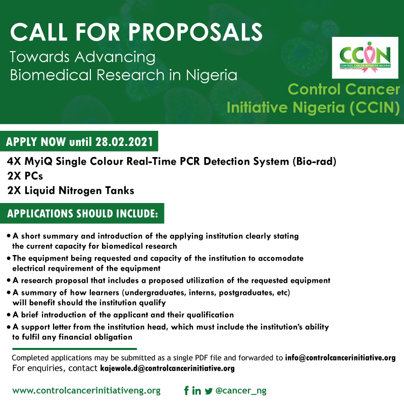 Cancer_NG's tweet photo. It's #two weeks to go!
@Cancer_NG has the equipment to donate to #Nigerian institutions for #biomedicalresearch:  qPCR systems, PCs and liquid nitrogen tanks.
Proposals will be acknowledged until 28.02.2021
#ApplyNow
@aproko_doctor
@AfrikaResearch
@President_NCS
@MedicalworldNig https://t.co/dy8GNDQwca
