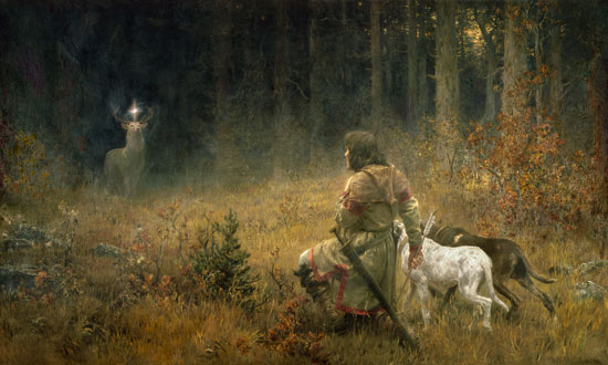 I prefer the interpretation that its faltering sign is congruent with the failed hunt. Saint Hubertus' feast day is on November 3rd. The incident with the deer is said to have occurred on Good Friday 683 AD.This painting L is by Carl Räuber, 19th C.