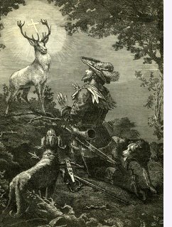 I prefer the interpretation that its faltering sign is congruent with the failed hunt. Saint Hubertus' feast day is on November 3rd. The incident with the deer is said to have occurred on Good Friday 683 AD.This painting L is by Carl Räuber, 19th C.