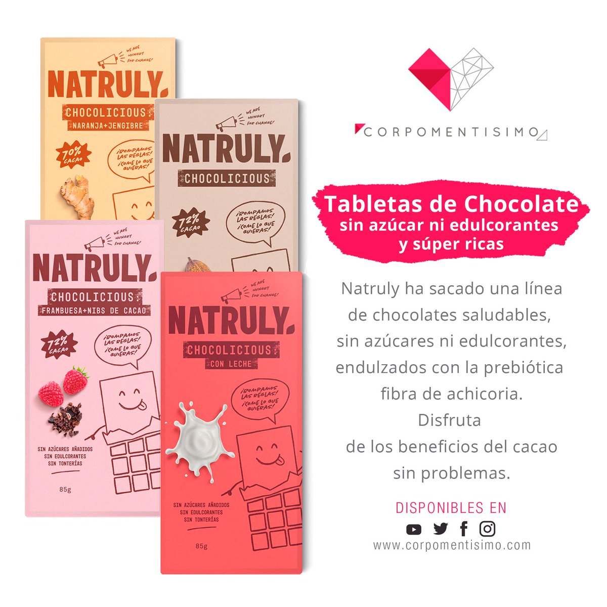 corpomentisimo's tweet photo. ¿𝗚𝗮𝗻𝗮𝘀 𝗱𝗲 𝗖𝗛𝗢𝗖𝗢𝗟𝗔𝗧𝗘? 🍫🍫🍫🍫 
Los tienes sin azúcar ni edulcorantes 👌 y con el 𝘀𝗮𝗯𝗼𝗿 𝗱𝗲𝗹 𝗰𝗵𝗼𝗰𝗼𝗹𝗮𝘁𝗲 𝗱𝗲 𝘀𝗶𝗲𝗺𝗽𝗿𝗲. 
🛒DISPONIBLES AQUÍ👉https://t.co/oBz1NlIuOu https://t.co/b6MdaYInI9