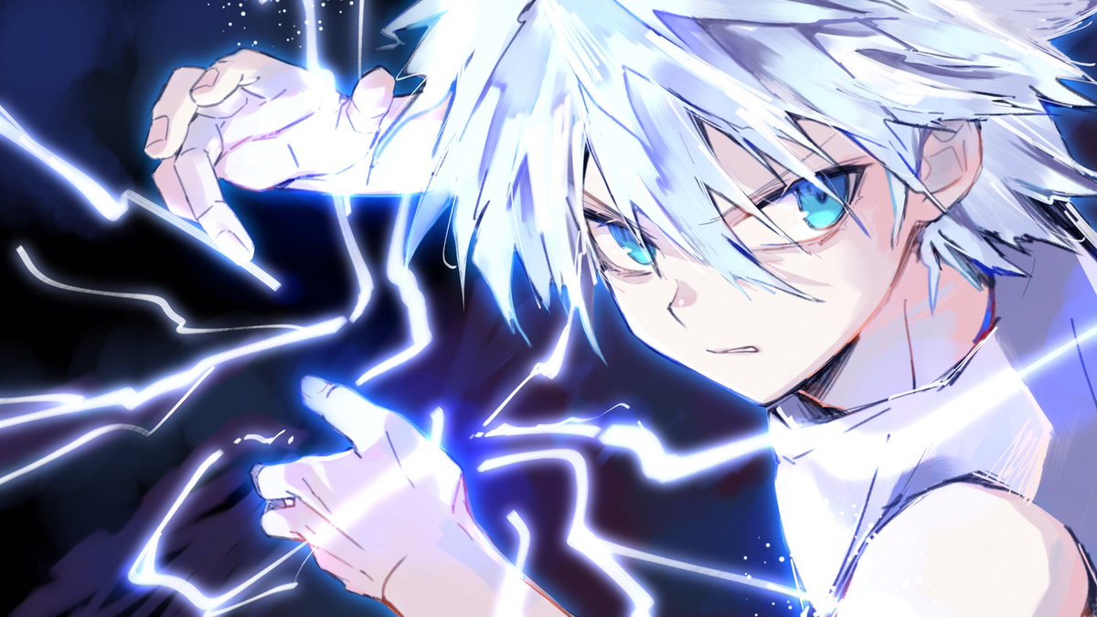 1boy male focus solo electricity blue eyes white hair sleeveless  illustration images