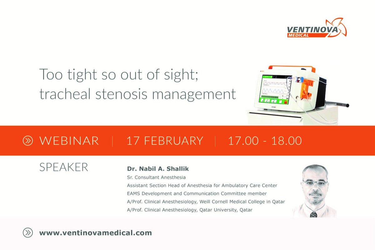 Reminder: On the 17th of February 2021 from 17:00 - 18:00 hours CET Dr. Nabil A. Shallik from Qatar will share his clinical experience on using Tritube and Evone in tracheal stenosis management.
To subscribe please go to our website:
ventinovamedical.com/sign-in-webina…