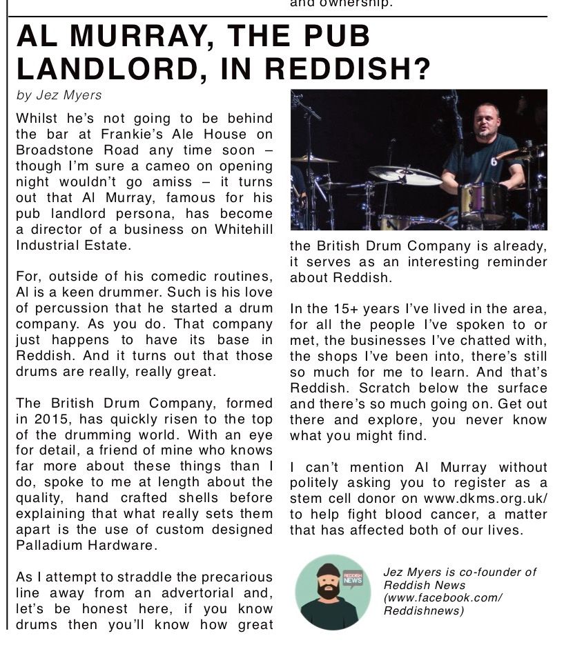 PostNewsGM's tweet photo. February Issue
P.8 - 'Al Murray, The Pub Landlord, in Reddish?' - this month's article by Jez Myers draws our attention to The British Drum Company, based in Reddish. https://t.co/2l3yD0eUKe
