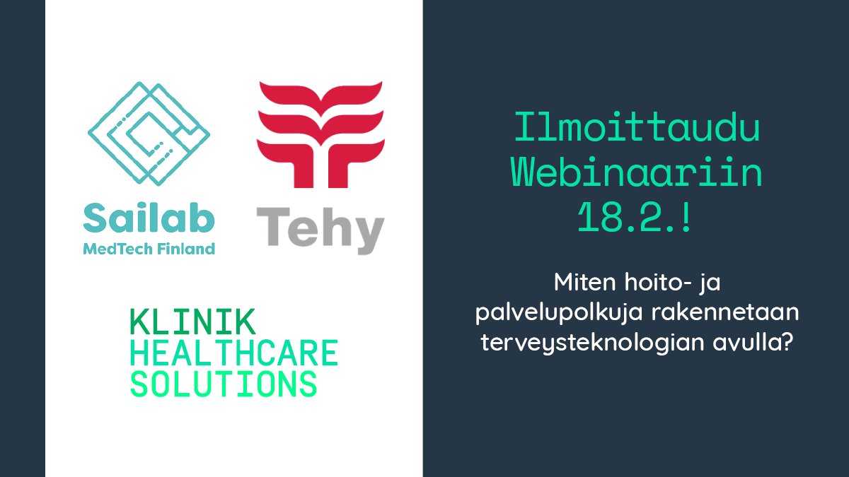 Klinik Access (@klinikhealth) on Twitter photo Miten digitalisoimalla hoitopolkuja voidaan helpottaa hoitajien työtaakkaa? Tule kuuntelemaan case-esimerkkejä @Tehy_ry ja <a href="/Sailab_ry/">Sailab – MedTech Finland ry</a>:n järjestämään webinaariin to 18.2. Puheenvuorossa <a href="/phirvon3n/">Petteri Hirvonen</a> & <a href="/SeidiEF/">Seidi</a> 📢
Ilmoittaudu tapahtumaan tästä: sailab.fi/tapahtumat/mit…
#hoitotyö Miten digitalisoimalla hoitopolkuja voidaan helpottaa hoitajien työtaakkaa? Tule kuuntelemaan case-esimerkkejä @Tehy_ry ja <a href="/Sailab_ry/">Sailab – MedTech Finland ry</a>:n järjestämään webinaariin to 18.2. Puheenvuorossa <a href="/phirvon3n/">Petteri Hirvonen</a> & <a href="/SeidiEF/">Seidi</a> 📢
Ilmoittaudu tapahtumaan tästä: sailab.fi/tapahtumat/mit…
#hoitotyö