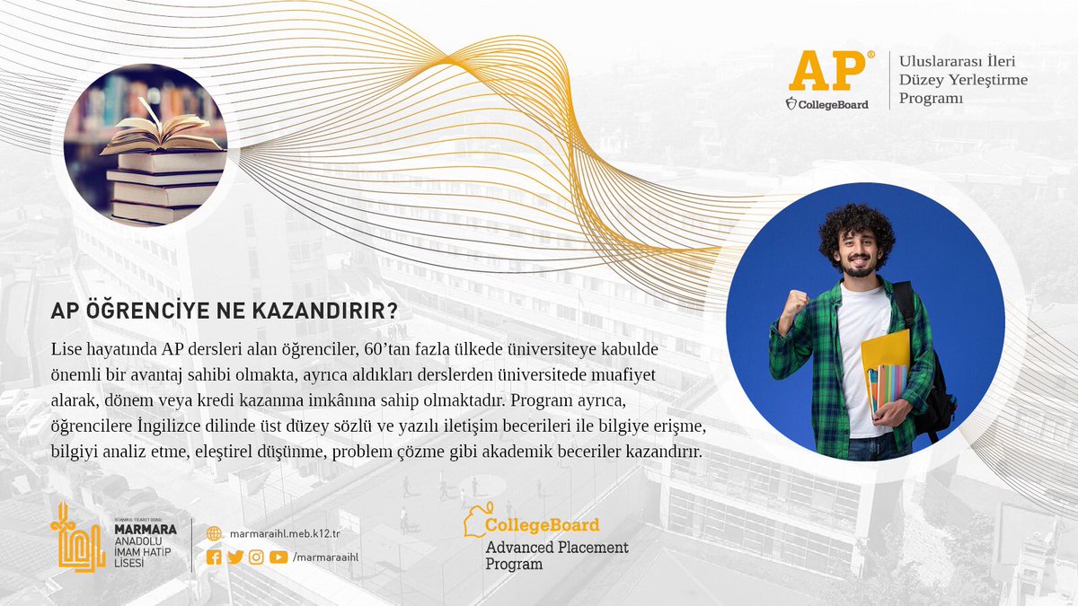 Uluslararası Lise Programı Advanced Placement ( İleri Düzey Yerleştirme ) Artık Marmara’da! AP programı uygulayan sınırlı sayıdaki devlet okullarından biri ve ilk İmam Hatip Lisesi oldu. @vcerrahogluu #AP