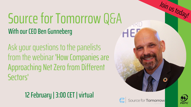 PEFC's tweet photo. Join ‘Source for Tomorrow’s’ Networking Q&amp;A today, and talk with our CEO Ben Gunneberg and experts from @WorldGBC, @terrapass and @HelloFresh about how to get to net zero emissions!

They will be online &amp; ready to answer your questions today at 3:00 CET👉 https://t.co/9Bqo8WXuXh https://t.co/hslmw3wG0p