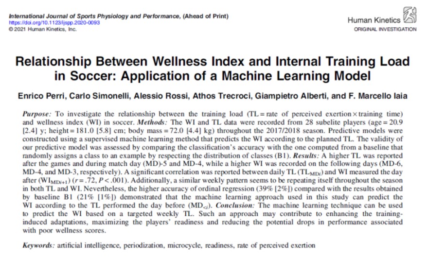 Novel insights about the relationship between Wellness index and Training Load in soccer

<a href="/ilProfCarlo/">Carlo Simonelli</a> 
<a href="/rossi_ale/">Alessio Rossi</a> 
<a href="/TrecrociAthos/">Athos Trecroci</a> 
<a href="/IJSPPjournal/">Int'l Journal of Sports Physiology and Performance</a> 
<a href="/LaStatale/">Università degli Studi di Milano</a>

⚽️⚽️ link
doi.org/10.1123/ijspp.…