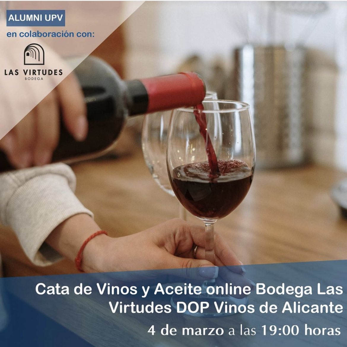 Si eres miembro de <a href="/upvalumni/">Alumni UPV</a> tienes la oportunidad de participar en una divertida cata online, con vinos y aceite de <a href="/bodegavirtudes/">Bodega Las Virtudes</a> . Siempre @Vinos_ALICANTE Info e inscripción: alumni.upv.es/es/civicrm/eve…