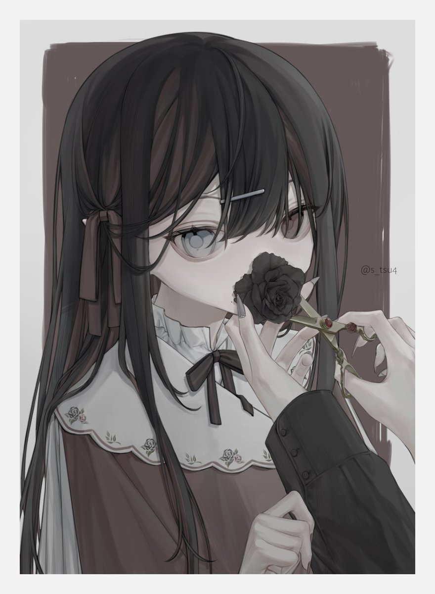 black flower 1girl flower long hair hairclip hair ornament ribbon  illustration images