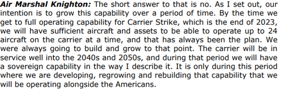 Asked if CSG21 would be fully sovereign, the answer was of course not at this stage. Although there is the ambition for it to be. Presumably this won't be until 2025 when Crowsnest delivered, RFA Fort Vic has been refitted and more F35s with better weapons...