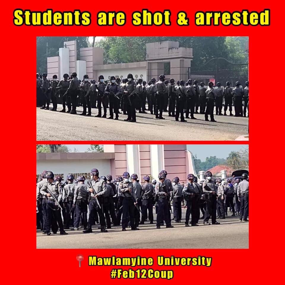 PhilipJohan2's tweet photo. At least 10 student protesters were beaten and arrested.Many shots were fired.Students inside the campus were threatened that they would get shot once they come out of the campus. The female students were also beaten.#WhatsHappeningInMyanmar #Feb12Coup #CDM_IsTheAnswer https://t.co/fL3TUAtbvP