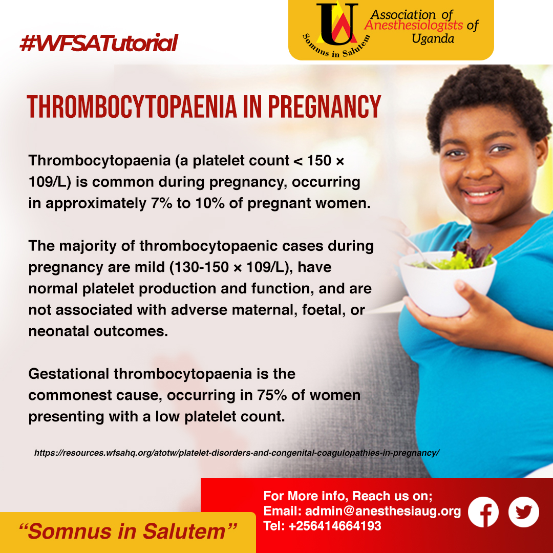 Association of Anesthesiologists of Uganda (@anesthesiaug) on Twitter photo Gestational thrombocytopenia is the commonest cause of low platelet count in pregnant women of occurring in 75% of women presenting with a low platelet count. Gestational thrombocytopenia is the commonest cause of low platelet count in pregnant women of occurring in 75% of women presenting with a low platelet count.