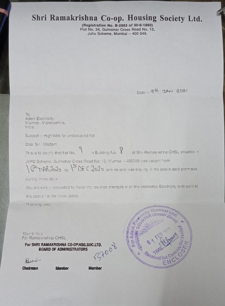 LAmesur's tweet photo. @PMOIndia @Adani_Elec_Mum @TataPower @OfficeofUT Adani charges estimated bills for vacant flats to Senior Citizen &amp; disconnects if not paid even after multiple emails and given Proof acknowledged by them.Shame on Adani.Imagine our Poor Farmers dealing with him
#SwitchToTataPower https://t.co/yva6COtqx9