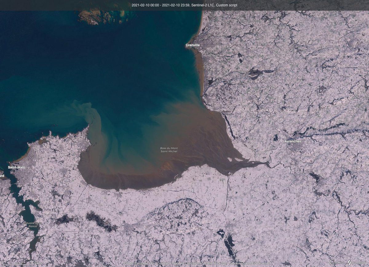 La baie du #MontSaintMichel dans un écrin de neige le 10 février 2021 (image du satellite européen #Sentinel2)