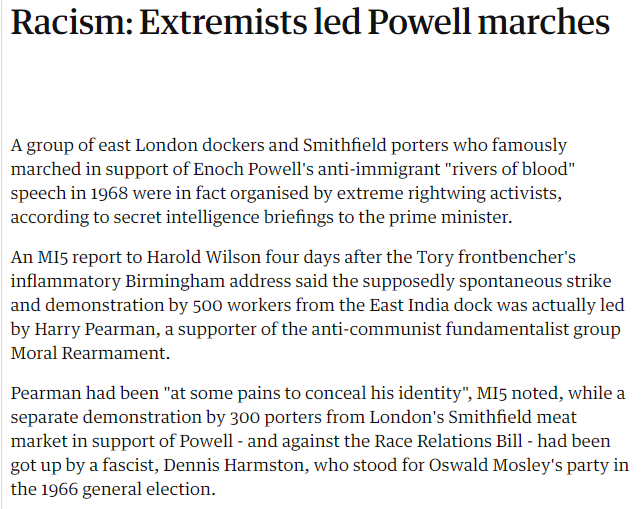Farage said in 2008:“While his (Enoch Powell) language may seem out of date now, his principles remain good & true”, & that “I would never say that Powell was  #racist in any way at all."In 1968 a "spontaneous" pro-Powell march was actually organised by fascist extremists.