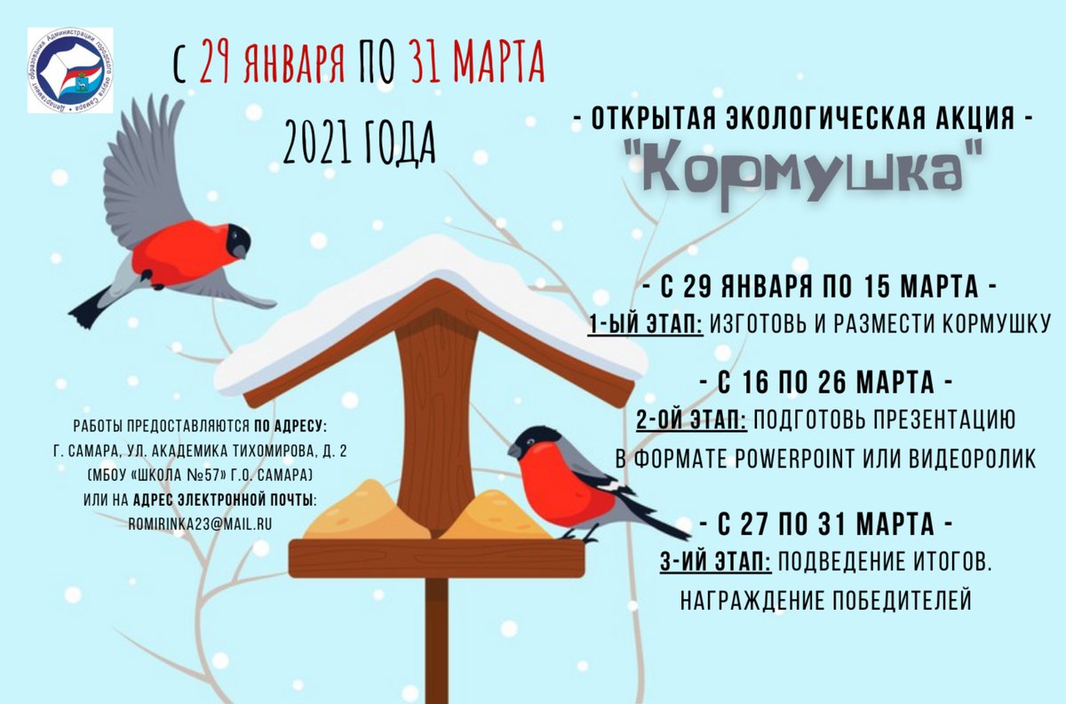 Экологическая акция «Кормушка» проводится ежегодно с целью привлечения внимания людей к зимующим пернатым жителям города. Птицы, которые зимуют в наших краях, нуждаются в подкормке. Устраивая кормушки, мы помогаем им не только перенести трудное и голодное время, но и выжить!