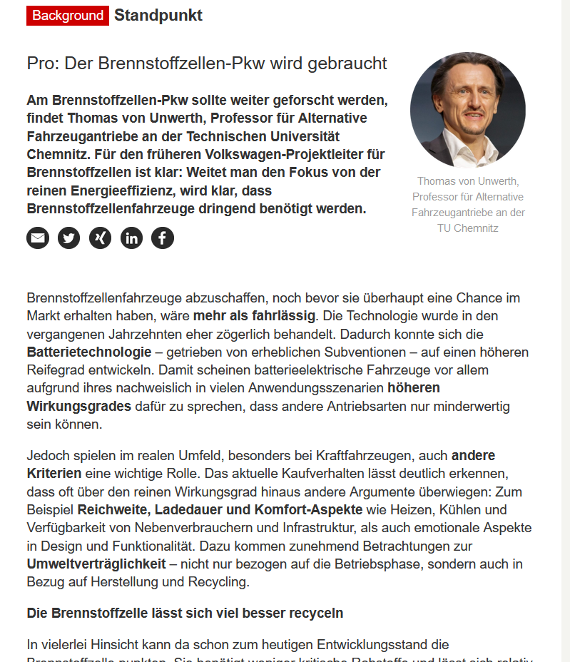 TspBackgroundVS's tweet image. Pro &amp;amp; Contra zu #Brennstoffzellen-Pkw – Thomas von Unwerth, Prof. für #AlternativeFahrzeugantriebe an der @TUChemnitz (Pro) und @martindopp, Prof. für #HybridelektrischeFahrzeuge am @KITKarlsruhe (Contra), heute im #Standpunkt. Hier lesen: background.tagesspiegel.de/mobilitaet/sta…