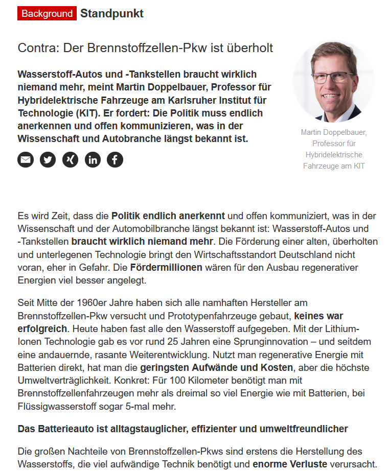 TspBackgroundVS's tweet image. Pro &amp;amp; Contra zu #Brennstoffzellen-Pkw – Thomas von Unwerth, Prof. für #AlternativeFahrzeugantriebe an der @TUChemnitz (Pro) und @martindopp, Prof. für #HybridelektrischeFahrzeuge am @KITKarlsruhe (Contra), heute im #Standpunkt. Hier lesen: background.tagesspiegel.de/mobilitaet/sta…