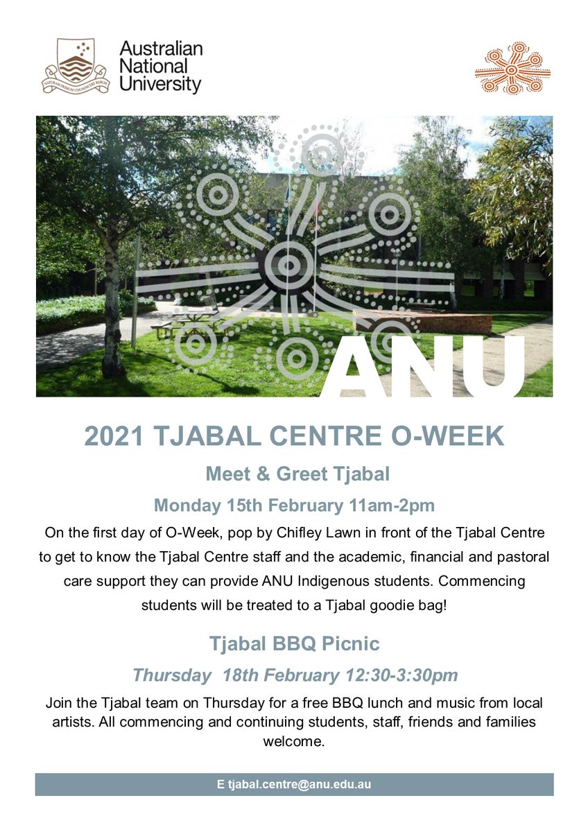 ANU O-Week is only a weekend away, and we at the Tjabal Centre are excited to see the new and familiar faces of our student community at our O-Week events. Register for our events here eventbrite.com.au/o/tjabal-centr…
