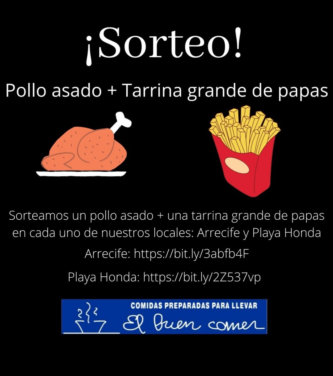 Buen viernes, hasta el 23 de febrero sortearemos un pollo + tarrina grande de papas, en El Buen Comer Arrecife y Playa Honda, la base del sorteo es entrar en el link, así de sencillo, daremos el nombre del ganador por las mismas vía, fecbook e Instagram. SUERTE