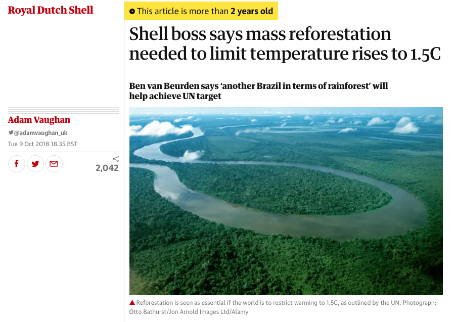 The "Brazil-sized" forest idea isn't actually new, it has been kicking around for a couple of years. It was referenced in the "well-below 2C" scenario although not formally included in it, and Shell's CEO has been framing it as the only viable way of getting to 1.5C.