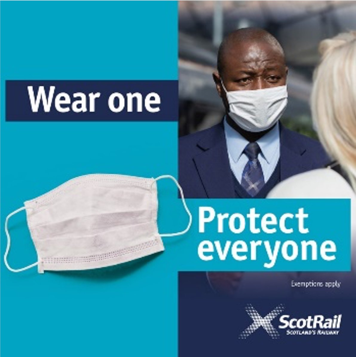 Cover your face and maintain physical distancing on all Borders Railway journeys.  This will help to protect you, our staff and other people. #WearAMask