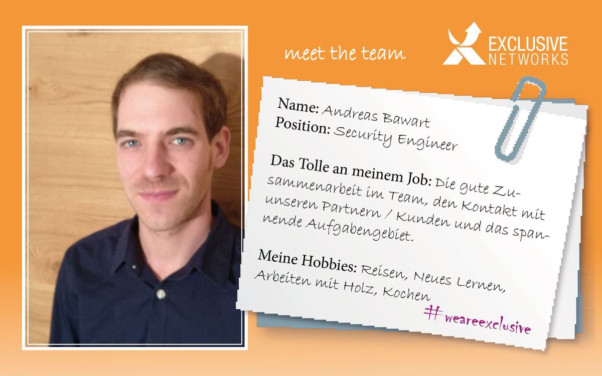 exn_at's tweet photo. Meet-the-Team“ – Das Exclusive Networks Austria Team stellt sich vor! 🎉

Andreas Bawart kümmert sich um die Planung von Netzwerksicherheitslöungen, unterstützt bei der Realisierung davon und hält Fortinet Trainings und Workshops ab!

https://t.co/ThjnLj9qQa

#weareexclusive https://t.co/rL1TdJhmiQ