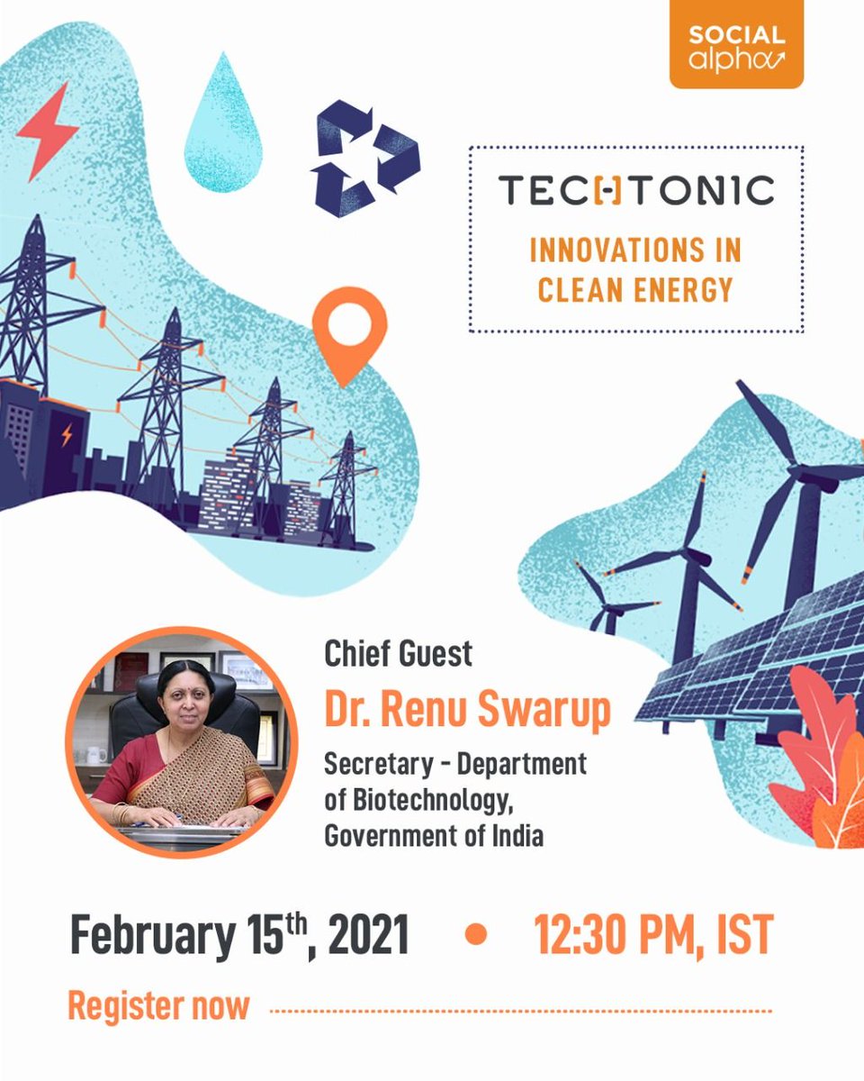 We are back with the third edition of Social Alpha Energy Challenge as Techtonic - Innovations in Clean Energy! 

Join us at the launch with Chief Guest Dr. <a href="/RenuSwarup/">Dr. Renu Swarup</a>, Secretary, <a href="/DBTIndia/">Department of Biotechnology</a>.

Date: February 15th, 2021
Time: 12:30 pm 

Register at bit.ly/376tqpD