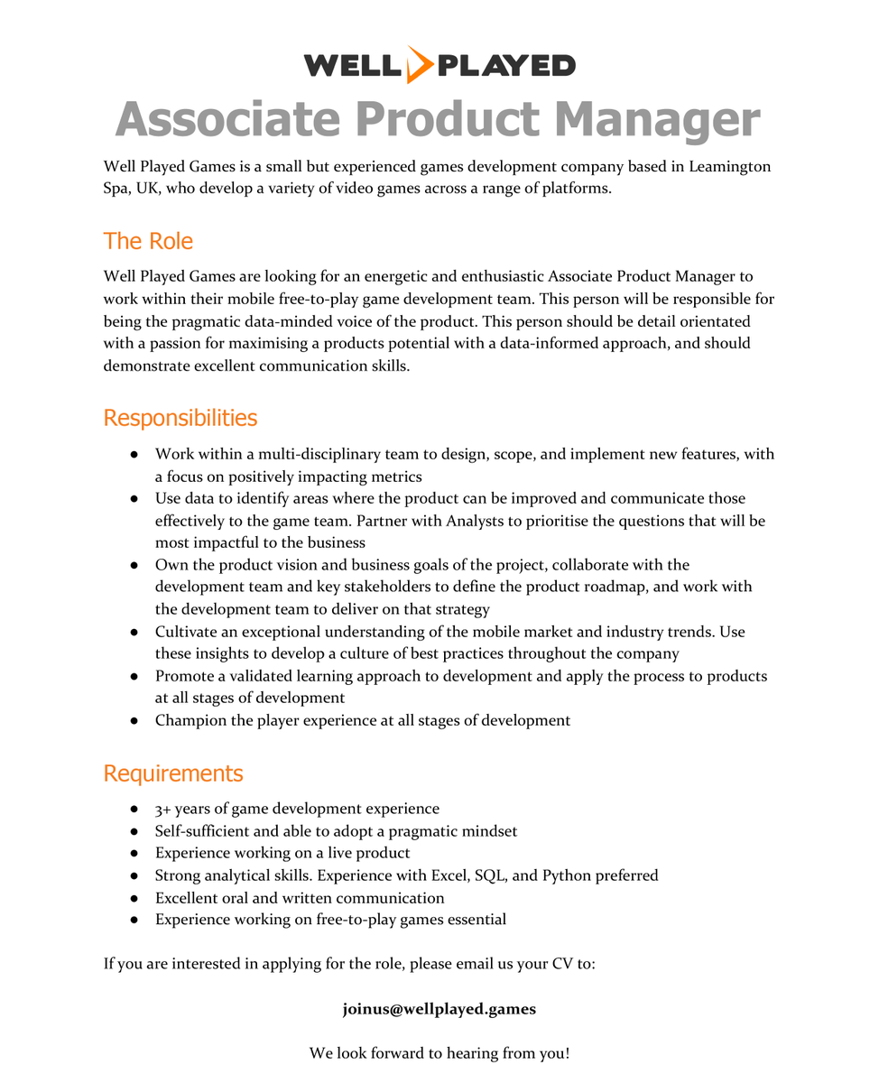 WPG_Leamington's tweet photo. We're hiring! Are you an Associate Product Manager looking for your next exciting mobile project? Send us your details at joinus@wellplayed.games if you're interested and check out our website for more opportunities! https://t.co/dZWbHMJk4U

#gamesdev #gamesjobs https://t.co/xqLCCq1aRZ