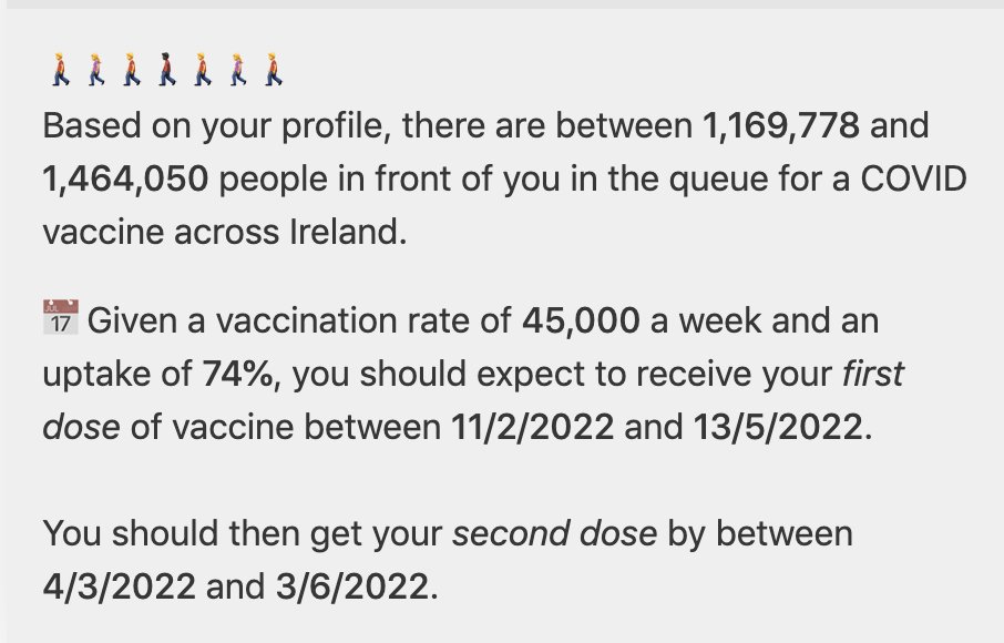 IrishPTNolan's tweet photo. According to OMNI Vaccine Calculator for Ireland, this time next year (Feb 2022) I might be due my first dose of the vaccine. When I last checked it was September 2021. I better stop checking, and listening to double-talk about it on radio. #getashifton https://t.co/KtgNiXgixY