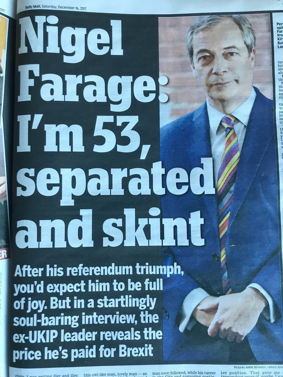 In 2017 he lied yet again - this time about being“skint”, even though the International Business Times estimated that he had a net worth of £2.4m the previous year. Farage also said in 2017 that he would not relinquish his pension from the EU.