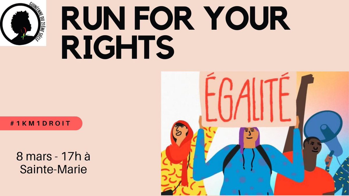 [#8mars ]
En #Guinee des centaines de raisons pour lesquelles participer au #1km1Droit #RunForYourRights : 
Non aux mariages précoces/forcés; Non aux violences domestiques; Non à la mortalité maternelle/infantile…
On compte sur vous!
Inscrivez-vous⬇️
docs.google.com/forms/d/e/1FAI…