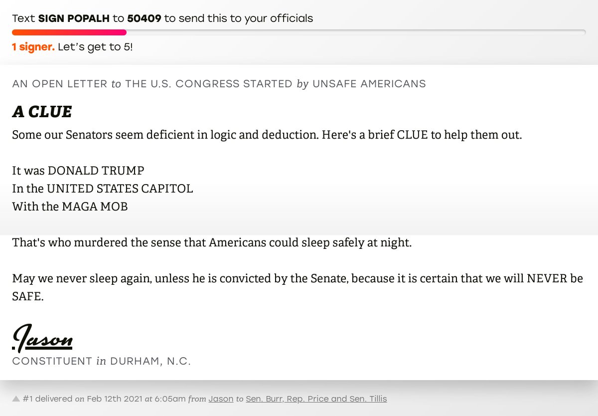 openletterbot's tweet photo. 🖋 Sign “A CLUE” and I’ll deliver a copy to your officials: https://t.co/xCqgBvJ85x

📨 No. 1 is from @0patience4u to @SenatorBurr, @RepDavidEPrice and @senthomtillis #NC04 #NCpolitics https://t.co/wTklMMyAxX