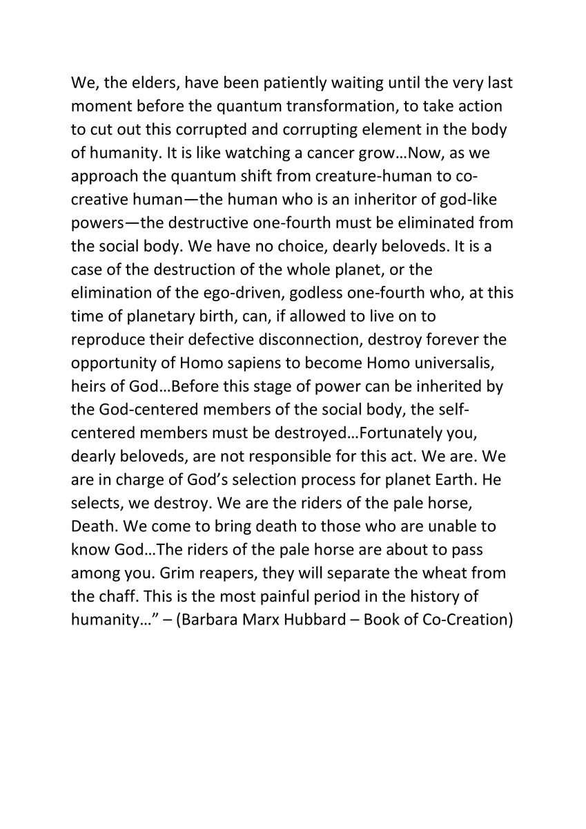 12/ A common belief among many prominent New Agers & is that there will be a selective depopulation event before we enter the Age of Aquarius. In the example below, Barbara M. Hubbard claims that the "wheat will be sorted from the chaff" in a "selection process"..