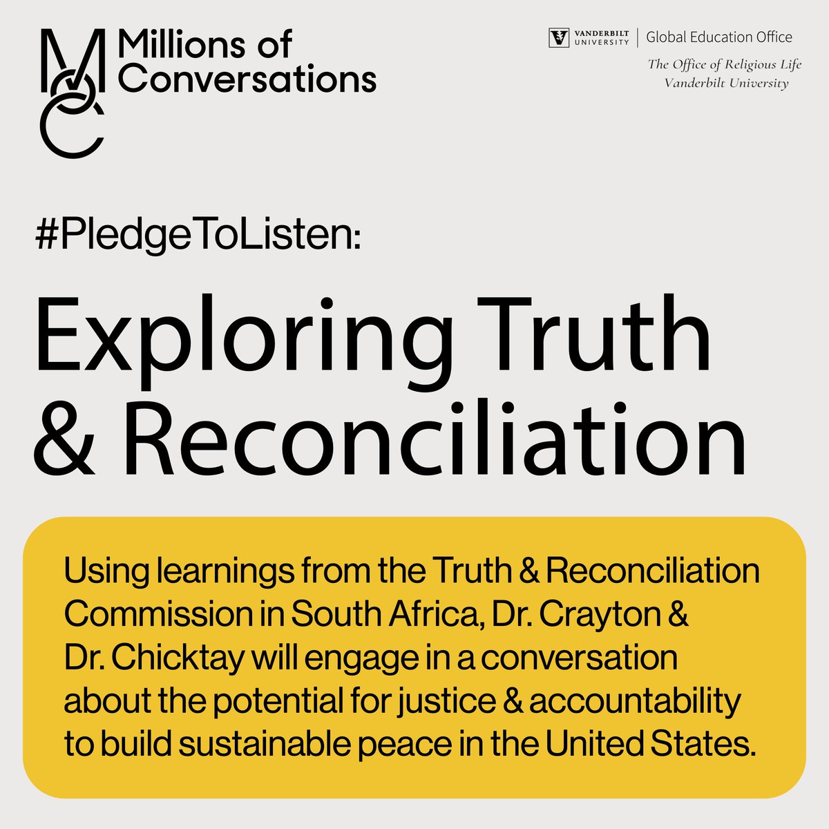 AMillionConvos's tweet photo. Join us for a conversation on the limits and possibilities of truth & reconciliation, with governance & elections expert @KareemCrayton and mediation & labor law expert, Dr. Mohamed Alli Chicktay. Register: https://t.co/GA82jcMIj2
@GEOVanderbilt @VanderbiltU @RPWCenter @oucrl https://t.co/kChKAHXHBg
