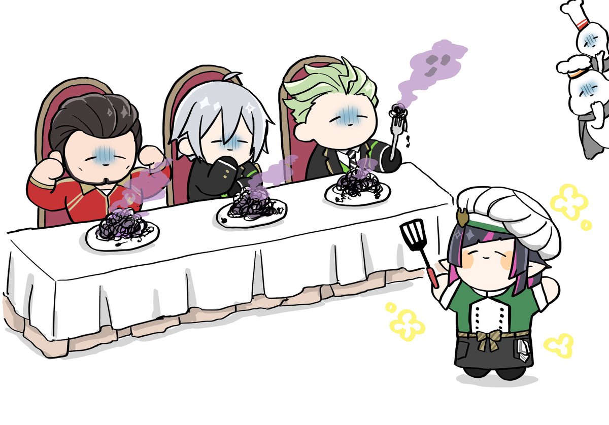 multiple boys fork chibi black hair 4boys grey hair table  illustration images