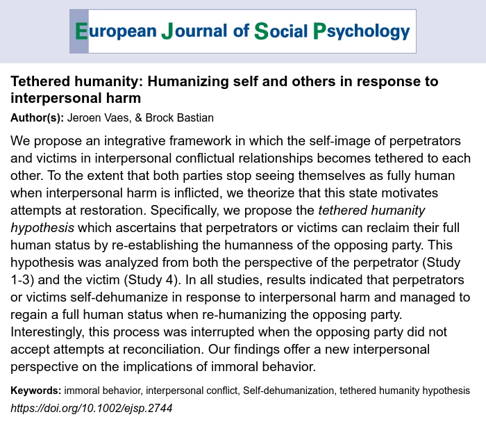 EASP (@easpinfo) on Twitter photo ** New Research Article ** by Jeroen Vaes, & Brock Bastian — Tethered humanity: Humanizing self and others in response to interpersonal harm <a href="/drbrockbastian/">Brock Bastian</a> #ejsp_journal <a href="/WileyPsychology/">Wiley Psychology</a> #socialpsychology doi.org/10.1002/ejsp.2… ** New Research Article ** by Jeroen Vaes, & Brock Bastian — Tethered humanity: Humanizing self and others in response to interpersonal harm <a href="/drbrockbastian/">Brock Bastian</a> #ejsp_journal <a href="/WileyPsychology/">Wiley Psychology</a> #socialpsychology doi.org/10.1002/ejsp.2…