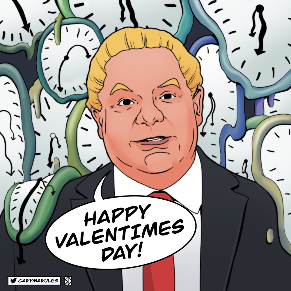 Mispronouncing  #ValentinesDay once is a flub, but saying “Valentimes” TWICE suggests that  @fordnation doesn’t know the holiday’s name.Alternatively, it’s a:1) Statement about the surrealism of time standing still (due to his poor pandemic response).2) Deliberate distraction.