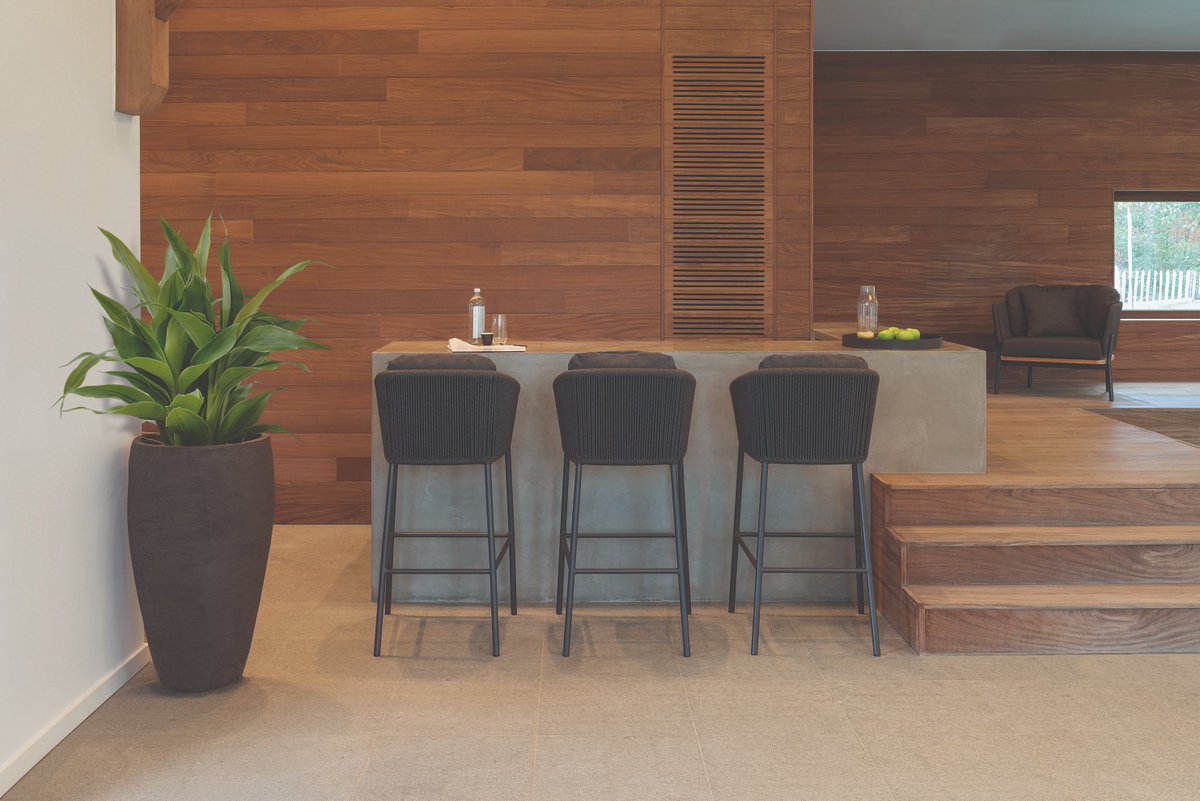 It's not just a bar stool; this is a #barstool with style and sophistication. Olefin rope intertwines a sleek triple-coated alu frame to house plush fabric cushions. Quick dry, weather resistant and minimal maintenance, the Omer collection is ready for the great #outdoors. #Akula