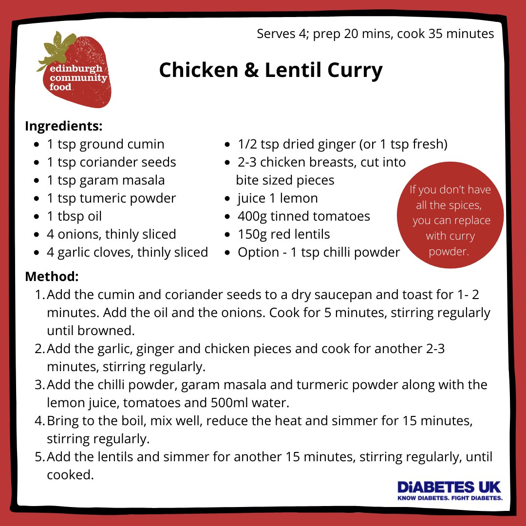 EdinComFood's tweet photo. #FakeawayFeb! Try this tasty chicken & lentil curry to use up leftover vegetables like peppers, mushrooms + green beans and use a tin of chickpeas instead of chicken for a vegetarian alternative. Add extra vegetables and/or chickpeas at the end with the lentils๐ @DiabetesUK https://t.co/iL94k72Pcp