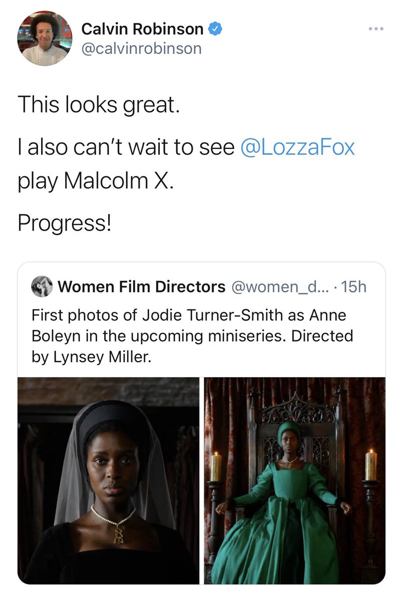 Okay so here goes with my thoughts about casting PoC as white historical figures (get ready for nuanced thread):I don’t think it is historically dishonest to cast a Black woman in this role, because, everyone knows Anne was white. 1/?