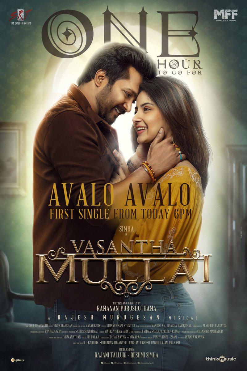 thinkmusicindia's tweet photo. 1️⃣ hour to go for the first single  #AvaloAvalo from #VasanthaMullai 💙🎵

To be launched by young maestro @thisisysr 💥

A @RajeshMRadio Musical 🎶
Lyrics Penned by @Lyricist_Vivek 

@actorsimha @kashmira_9  @Ramanan_offl @SRTmovies @MffProductions  @proyuvraaj https://t.co/FLSQ3z0nID