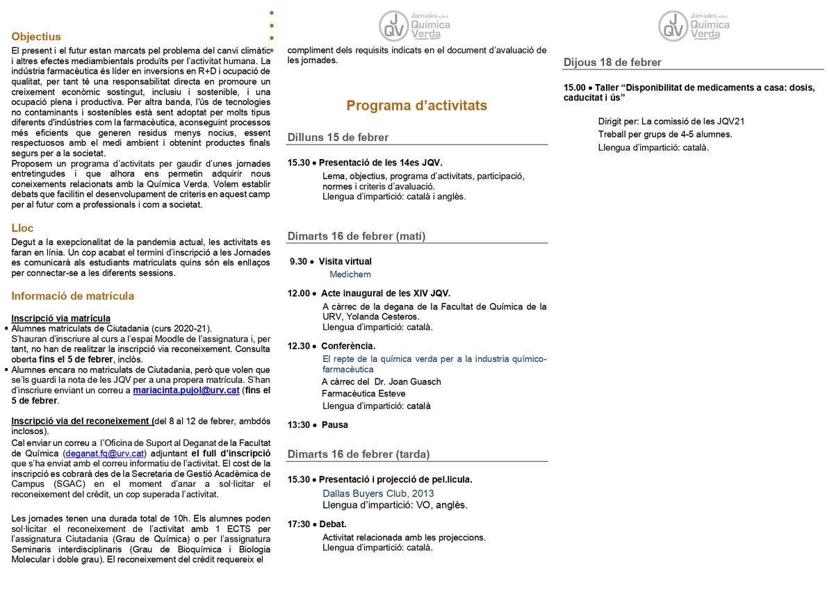 quimicaURV's tweet photo. Acte inaugural de les XIV Jornades sobre Química Verda.

Conferència: "El repte de la química verda per a la industria químicofarmacèutica", a càrrec del Dr. Joan Guasch, de la  Farmacèutica Esteve. 

🗓 Dimarts, 16 de febrer
⏰ 12:00 h
🖥 Format virtual

https://t.co/ZN1WycdffR https://t.co/qfIemmxL8p