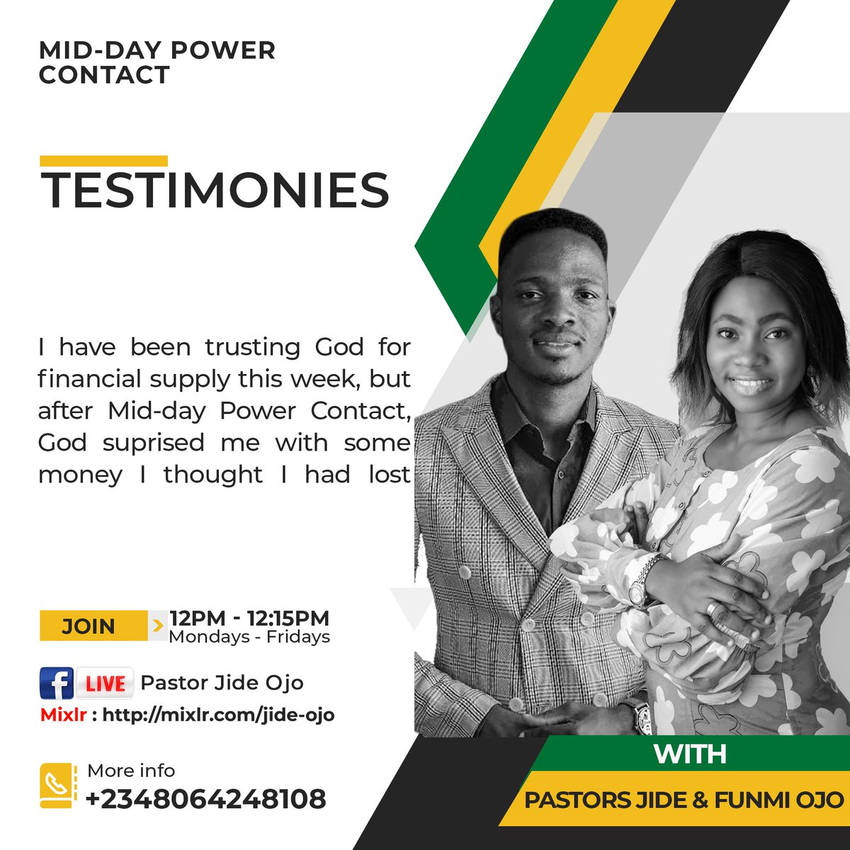 nrcc_adoekiti's tweet photo. Awesome Testimonies!!!
Join Pastor Jide And Funmi Ojo
Mondays To Fridays by 12pm for
Mid-day Power Contact.
#BreakingNewFrontiers
#CommandedSupply
#SupernaturalDistinction
#newrealitycc https://t.co/pKCNsUvKgd