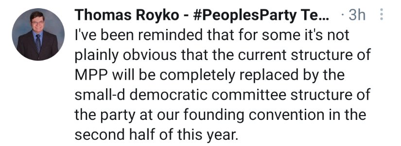 Oh this Thomas LIE is classic. For over 3 YEARS now, there has been talk of a "democratic structure & elections where MPP/PP members can vote." Problem: Nobody in power incl him was EVER "elected" & that convention may NOT happen.  #ThomasLies  #MPTea  #RecallMPP  #UnfollowMPP