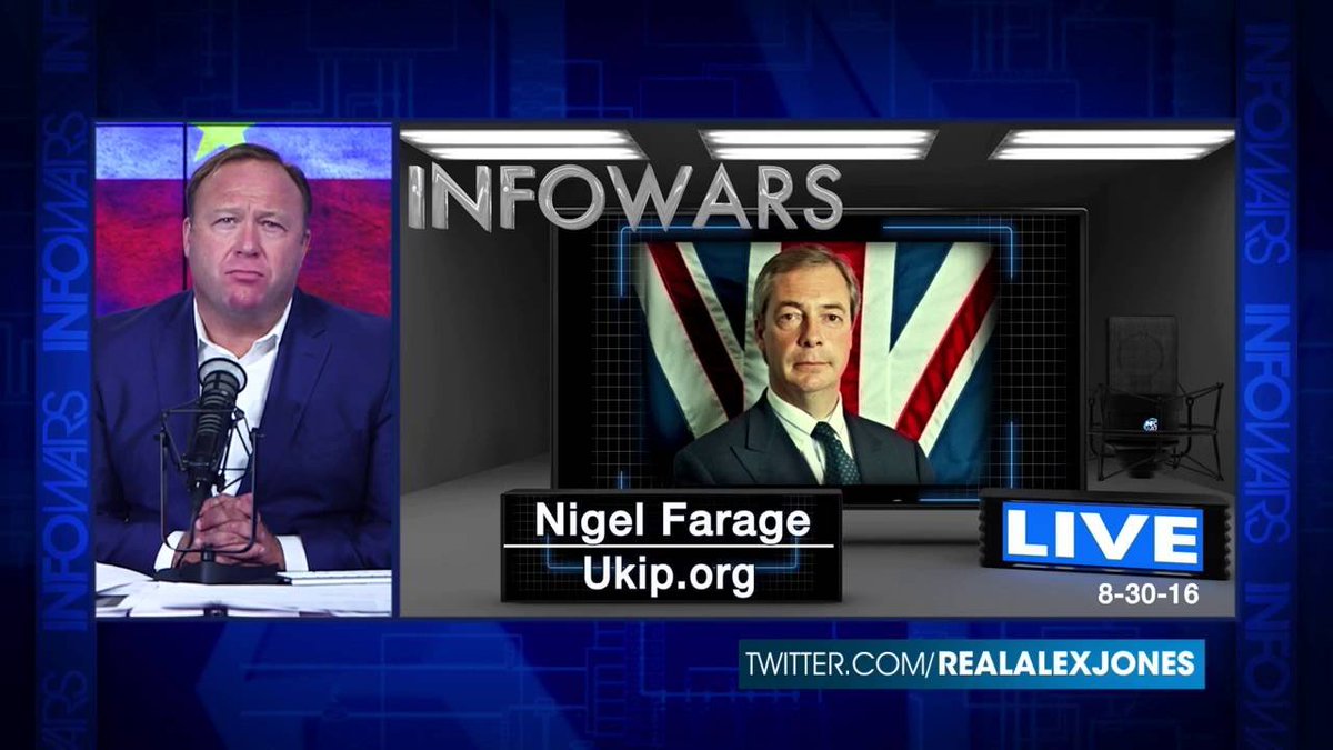Always the shit-stirring grifter, Farage has made six appearances on InfoWars, the American conspiracy show run by far-right pundit & Trump fanatic Alex Jones: “the most prolific conspiracy theorist in contemporary America”.