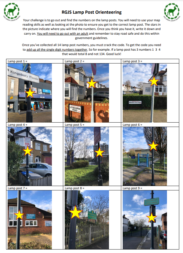 RoeGreenJS's tweet photo. Lamp post orienteering! Get outdoors with your family this half term and find all the lamp posts, or take part in our street sign challenge. Or BOTH! #RGJS https://t.co/SMzf10hN8K